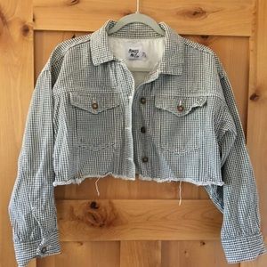 PRINCESS POLLY Nixi Cropped Jean Jacket Crop Coat Size 4 Black White Gingham